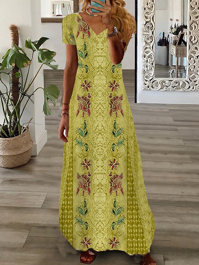 Women's Dress - Long Dress Maxi Dress Casual Dress Print Dress Graphic Marbling Fashion Modern Daily Holiday Vacation Print Short Sleeve V Neck Dress Regular Fit White Yellow Light Green Summer Spring XS S M
