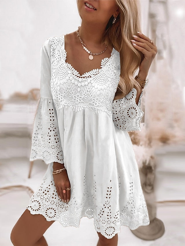 Women's Dress - Casual Dress Lace Dress Summer Dress Plain Lace Hollow Out U Neck Mini Dress Fashion Streetwear Outdoor Daily 3/4 Length Sleeve Loose Fit White Green Apricot Summer Spring S M L XL XXL