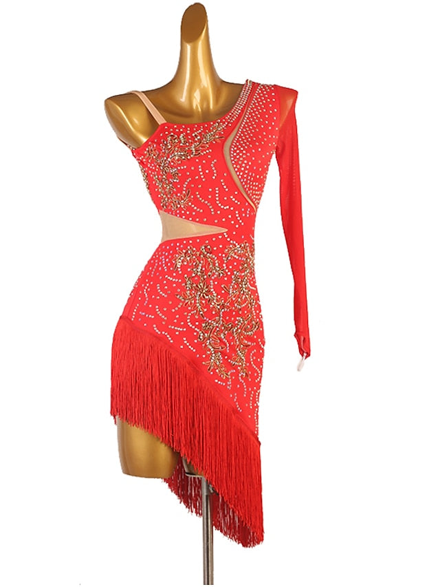 Latin Dance Dress Tassel Split Joint Crystals / Rhinestones Women's Performance Training Long Sleeve Chinlon Mesh - LuckyFash™
