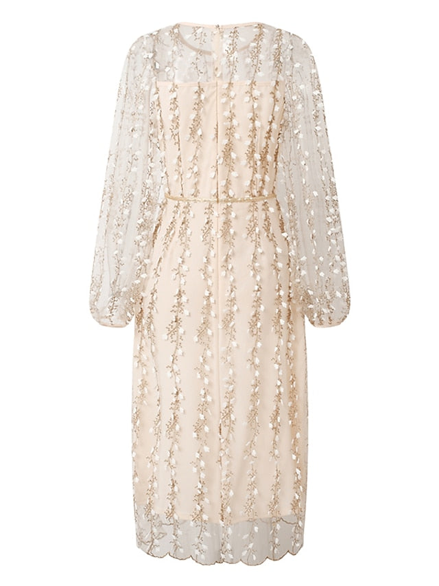 Women's Dress - Party Dress Lace Dress Sheath Dress Knee Length Dress White Long Sleeve Pure Color Lace Winter Fall Spring Crew Neck Elegant Winter Dress Birthday Wedding Guest 2023 S M L XL