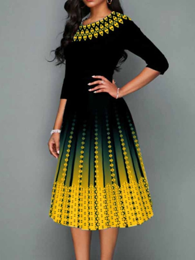 Women's Dress - Work Dress Swing Dress Church Dress Midi Dress Red Royal Blue Blue 3/4 Length Sleeve Print Print Summer Spring Crew Neck Elegant 2023 S M L XL XXL 3XL 4XL 5XL