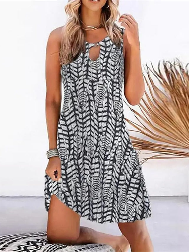 Women's Dress - Casual Dress Mini Dress Black Blue Sleeveless Floral Cold Shoulder Spring Summer Crew Neck Sexy Loose Fit 2023 S M L XL XXL 3XL