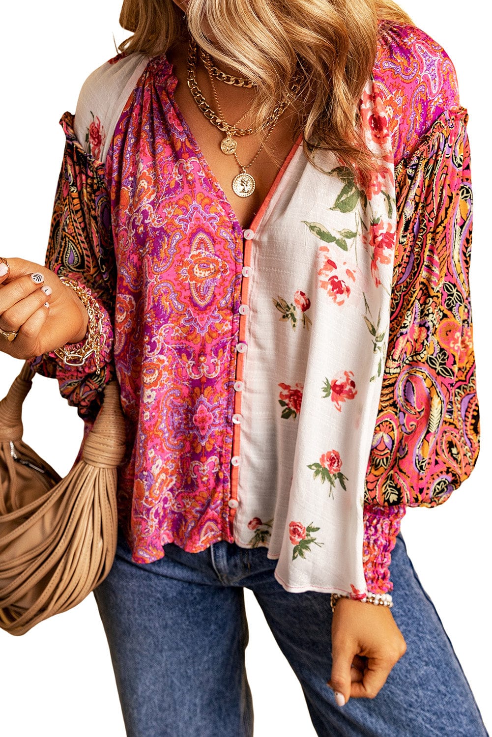 Patchwork Floral V-Neck Button Blouse with Shirred Cuffs