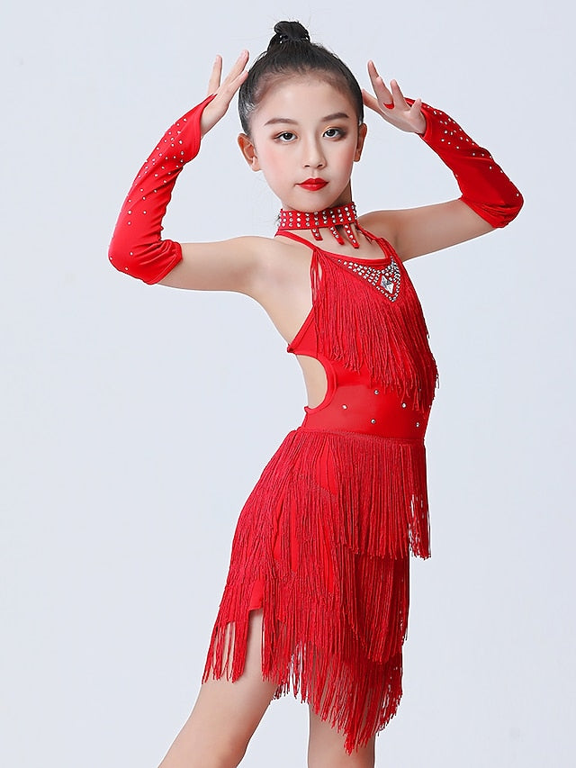 Latin Dance Dress Tassel Side Draping Ruching Girls' Performance Training Sleeveless Polyester - LuckyFash™