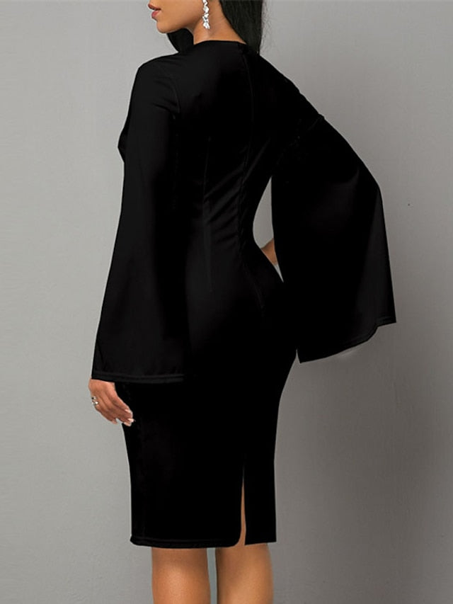 Women's Dress - Bodycon Sheath Dress Church Dress Midi Dress Black White Long Sleeve Floral Split Summer Spring Crew Neck Stylish Winter Dress Fall Dress 2023 S M L XL XXL