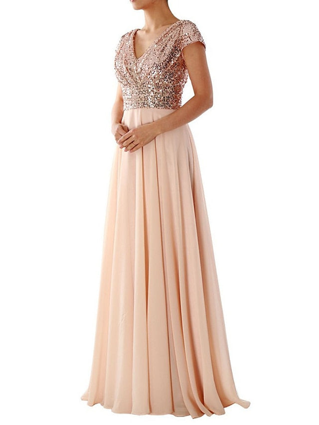 Women's Dress - Swing Dress Maxi long Dress Party Dress Light Blue Short Sleeve Pure Color V Neck Sequins Chiffon Evening Dress Ruched Patchwork Spring Summer Personalized Stylish Elegant Luxurious