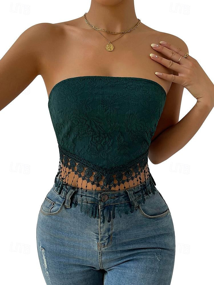 Lace Shirt Tube Top White Lace Shirt Women's White Yellow Pink Floral Tassel Street Daily Fashion S
