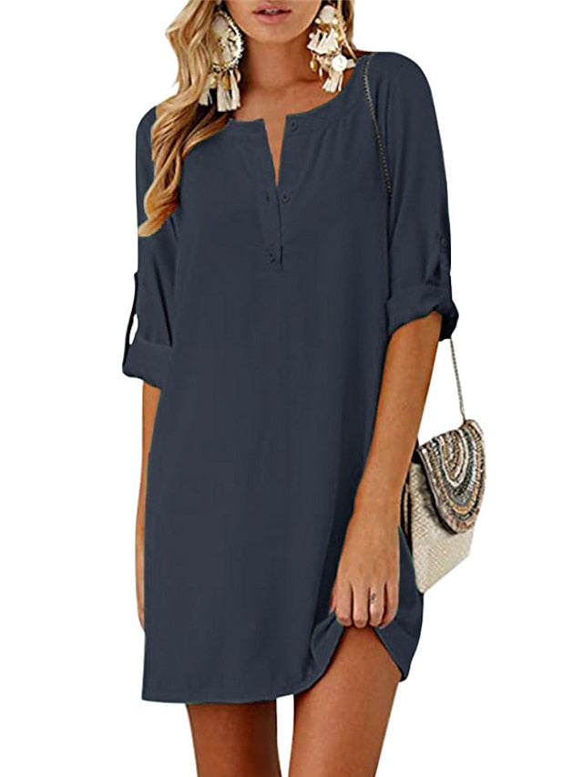 Women's Dress - Cotton Linen Dress T Shirt Dress Tee Dress Shift Dress Mini Dress Linen Cotton Blend Stylish Basic Outdoor Daily Holiday Split Neck Ruched Half Sleeve Summer Spring 2023 Regular Fit Black