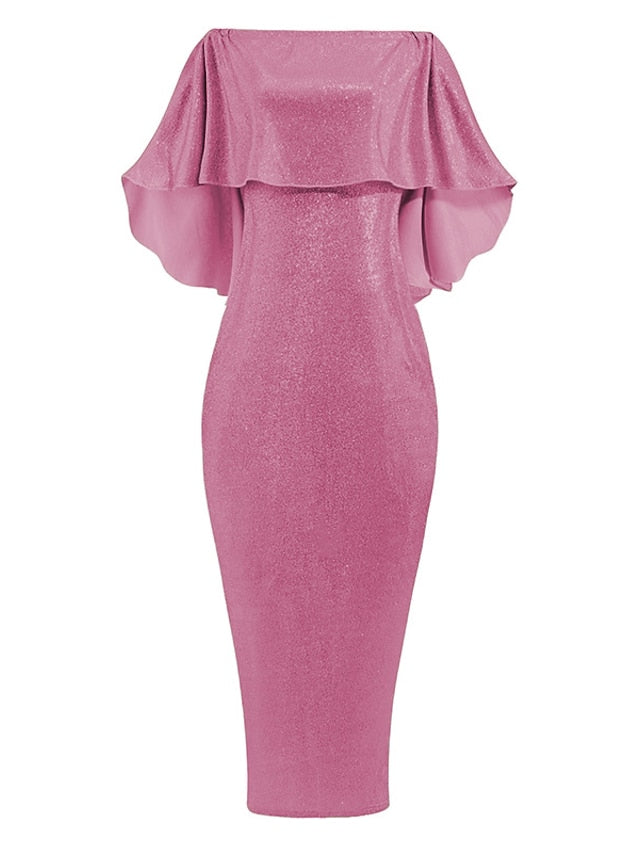 Women's Dress - Formal Party Dress Cocktail Dress Long Dress Maxi Dress Silver Black Champagne Half Sleeve Pure Color Cold Shoulder Winter Fall Spring Off Shoulder Mature Evening Party Wedding