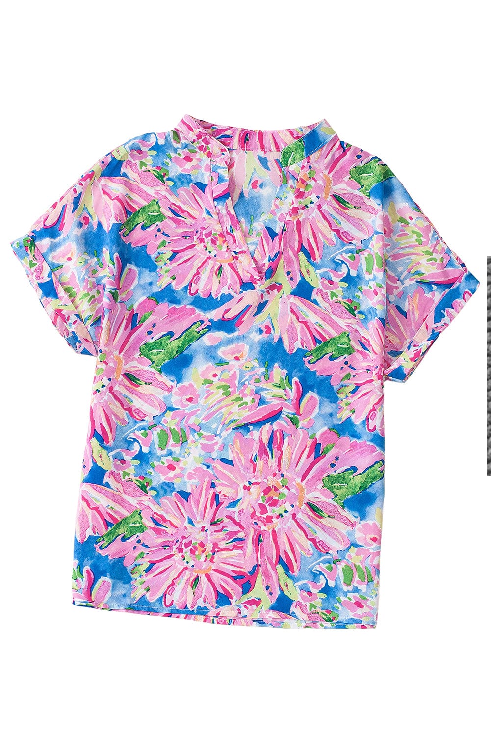 Pink Abstract Floral Notch V Neck Short Sleeve Blouse with Bohemian Style