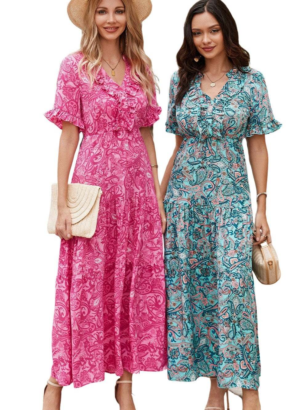 Pink Bohemian Paisley Print Ruffle Maxi Dress for Summer Vacations