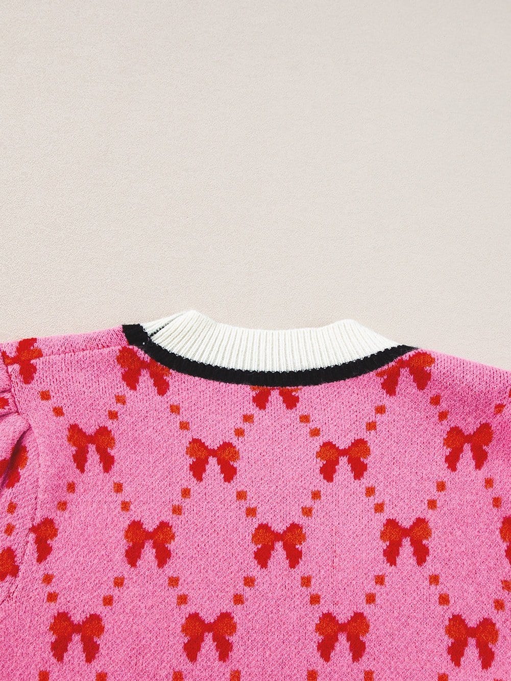 Pink Bow Print Elegant Short Sleeve Knit Top