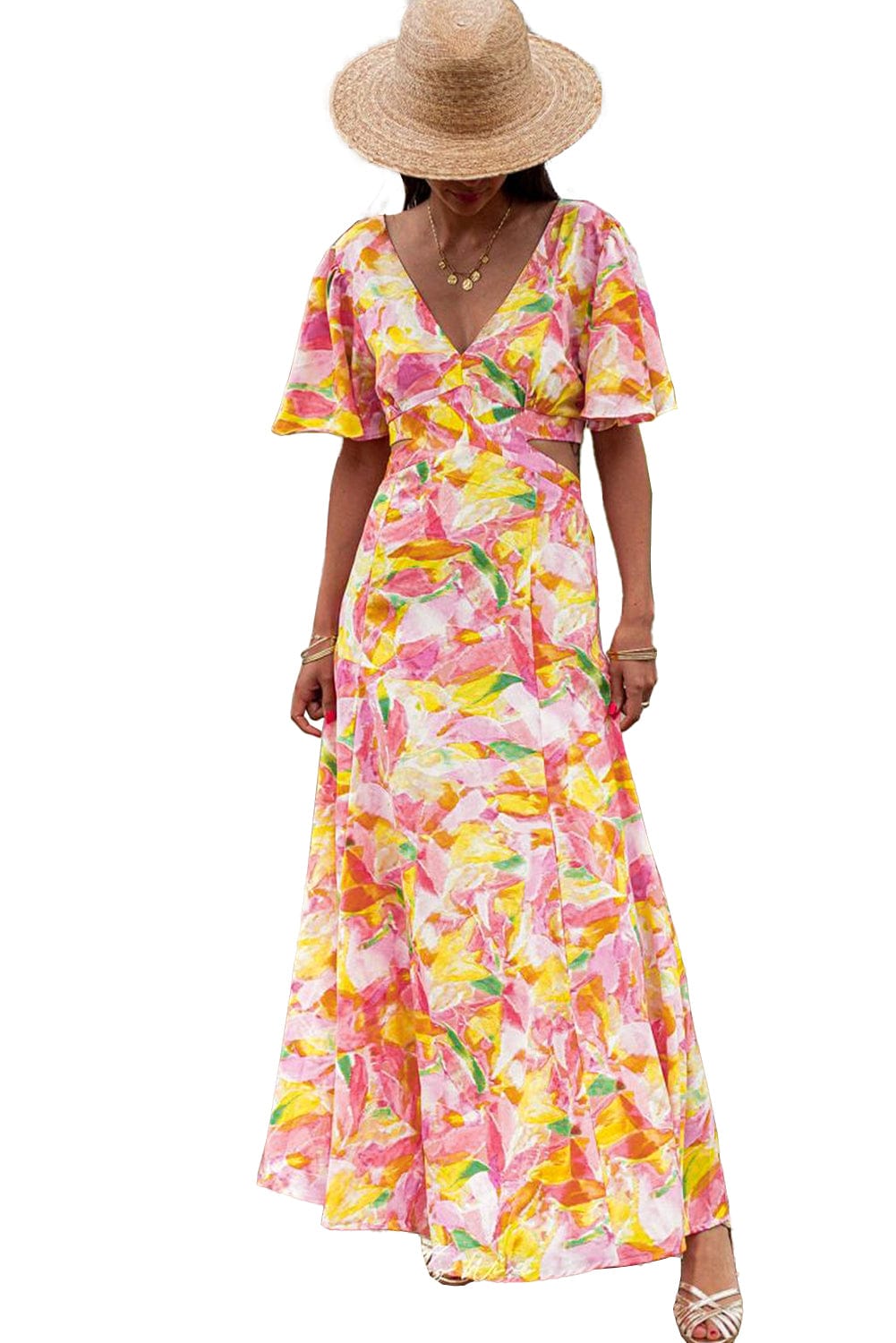 Pink Floral Flutter Sleeve Maxi Dress with Cut Out Detail