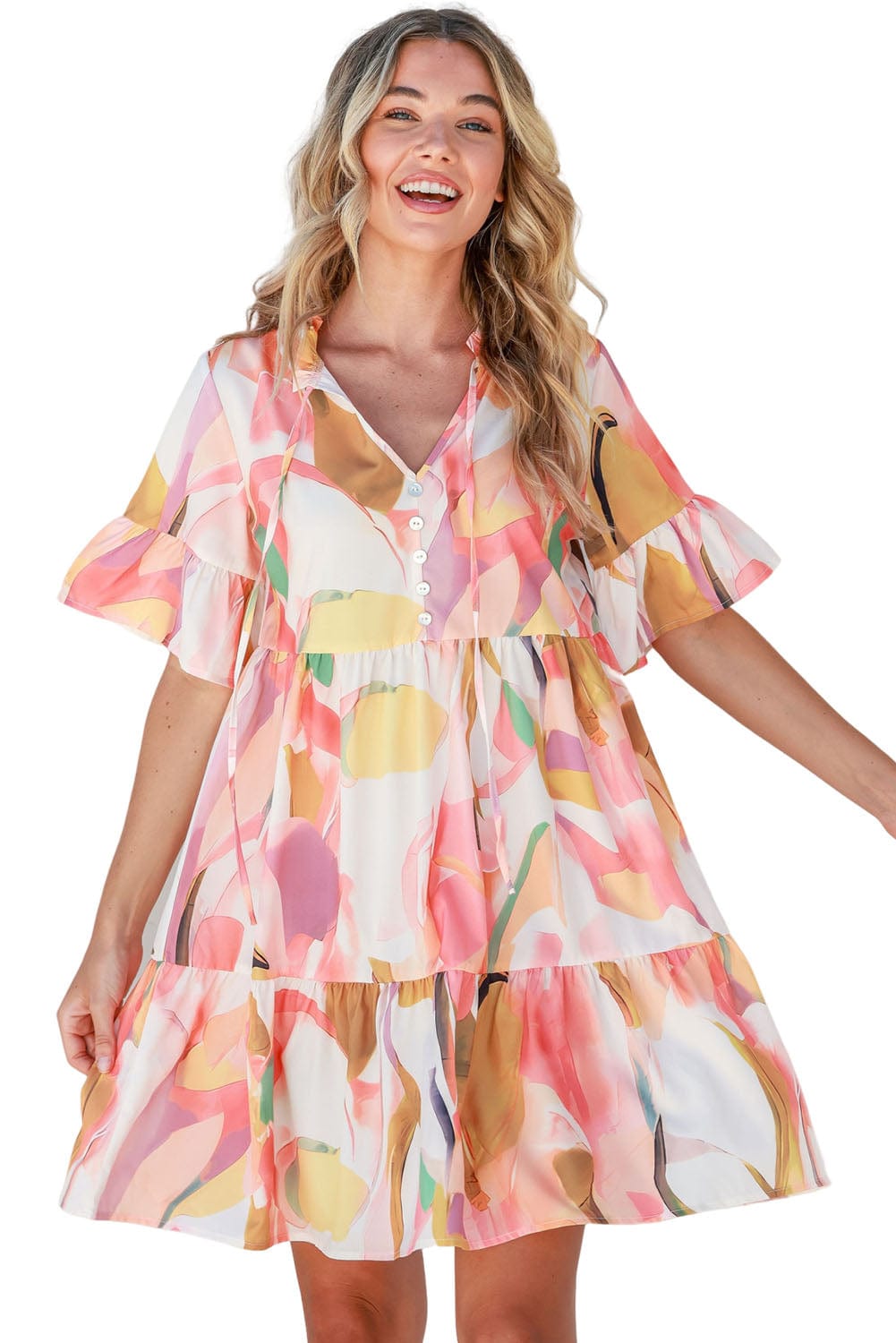 Pink Geometric Print Ruffled Sleeve V-Neck Mini Dress for Summer Events