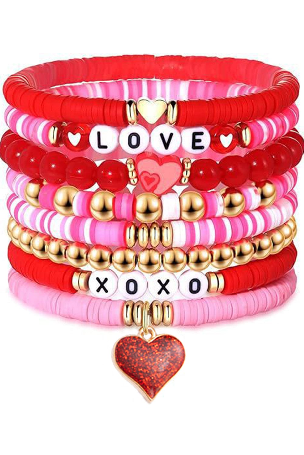 Pink Heart Charm Beaded Bracelet Set for Valentine's Day