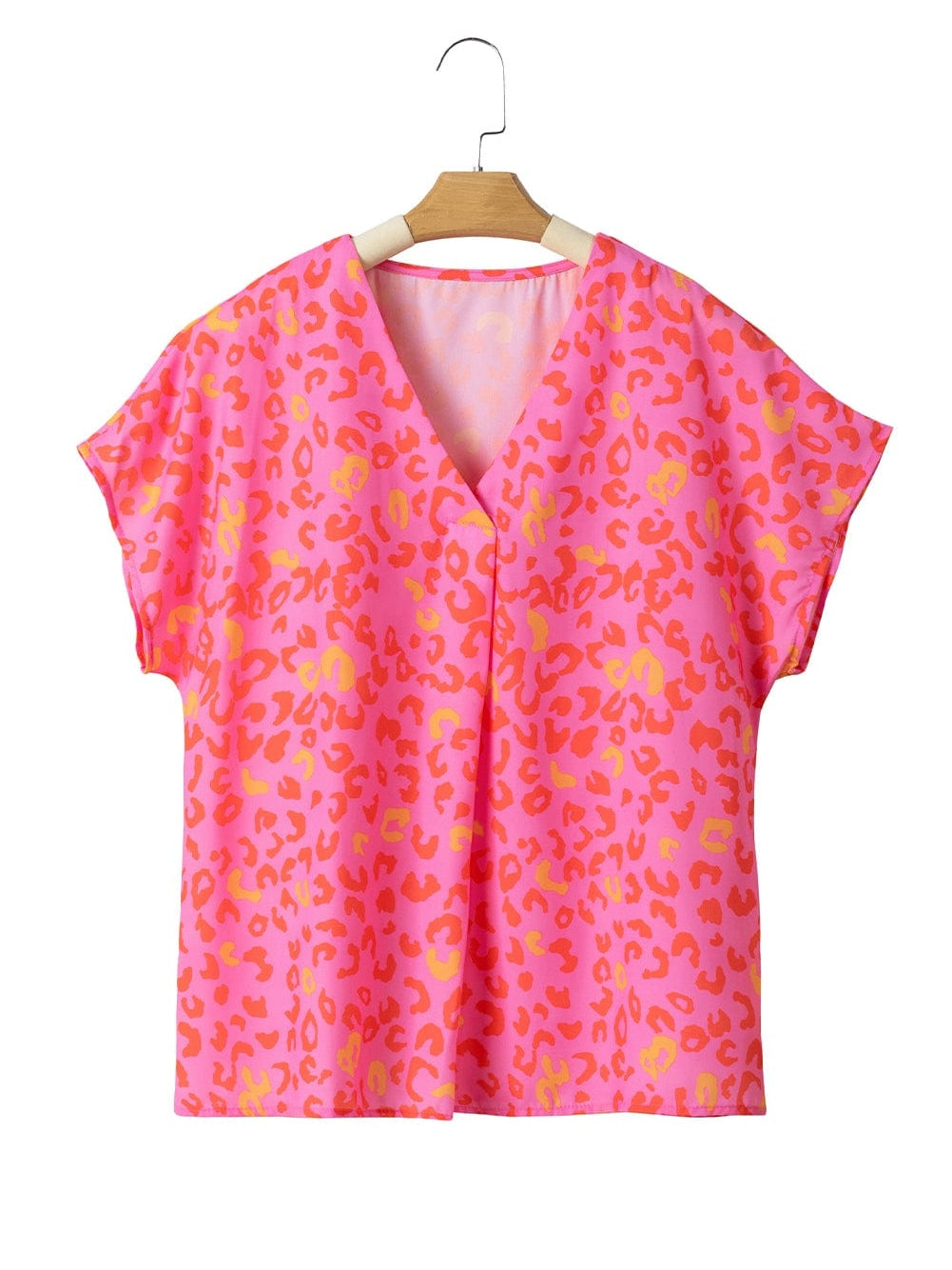 Pink Leopard Print V Neck Short Sleeve Top