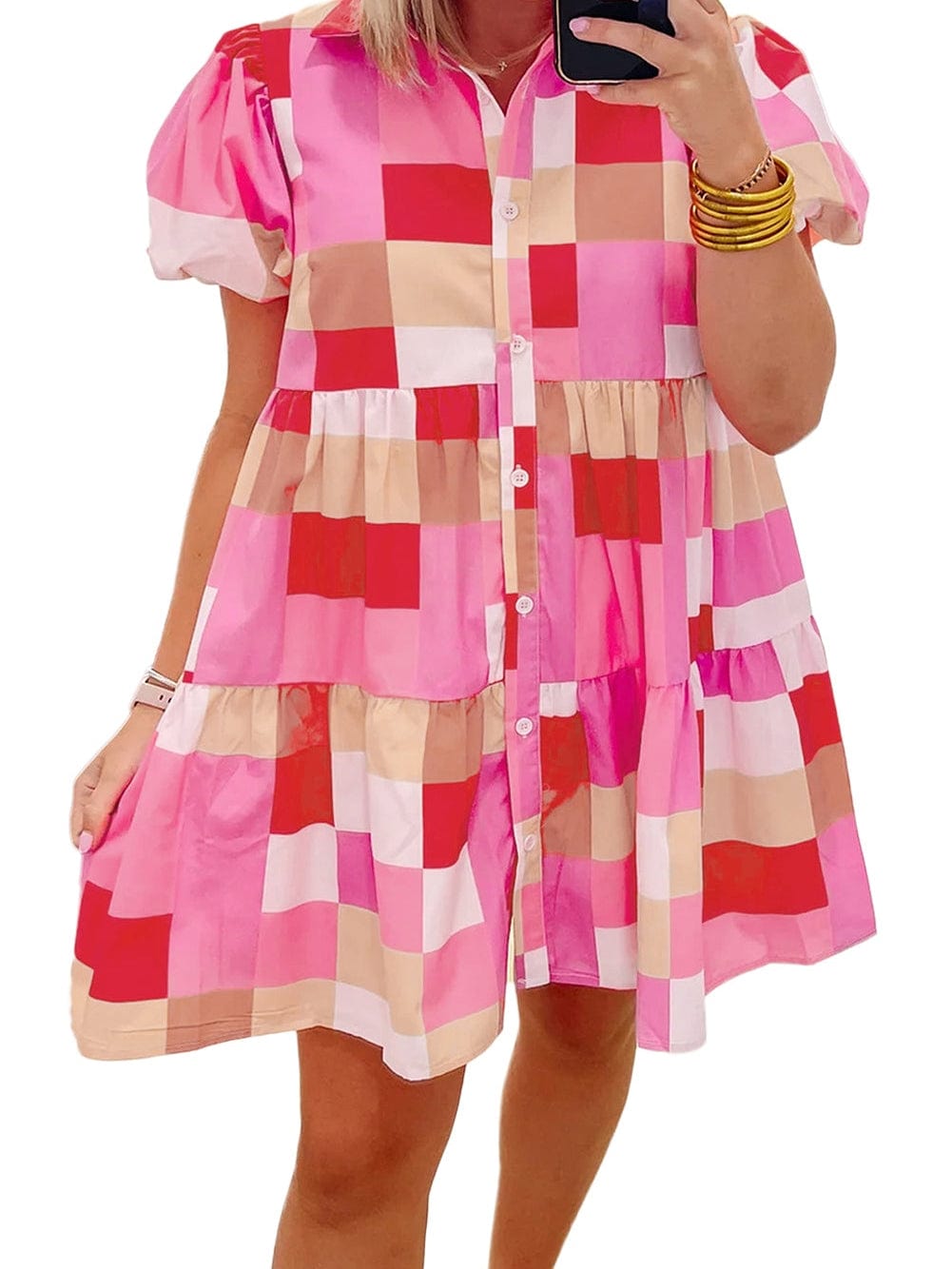 Pink Plaid Button-Up Tiered Mini Dress with Puff Sleeves