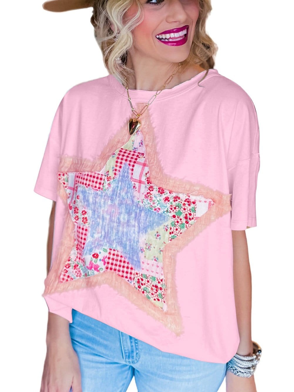Pink Star Patchwork Relaxed Fit Tee