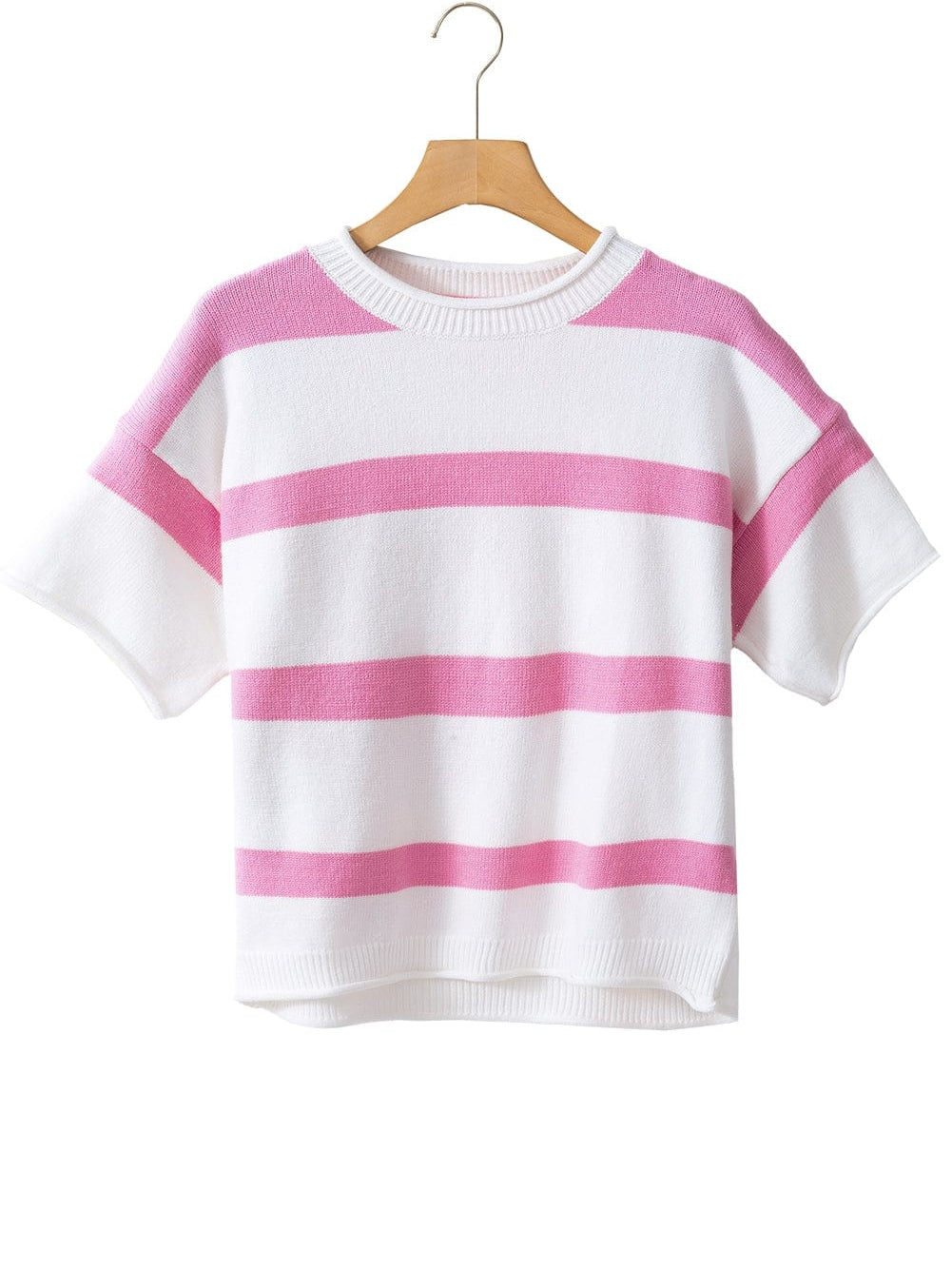 Pink Striped Drop Shoulder Short Sleeve Knit Top