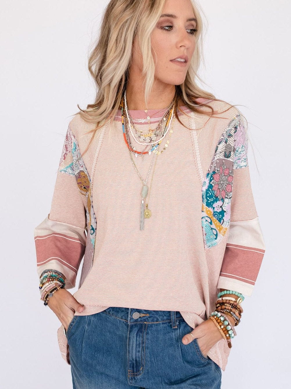 Pink Striped Floral Patchwork Long Sleeve Top