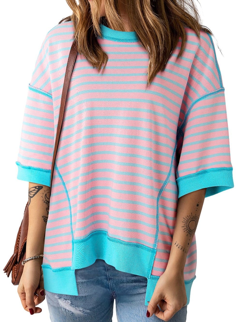 Pink Striped High Low T-Shirt with Exposed Seams and Contrast Trim