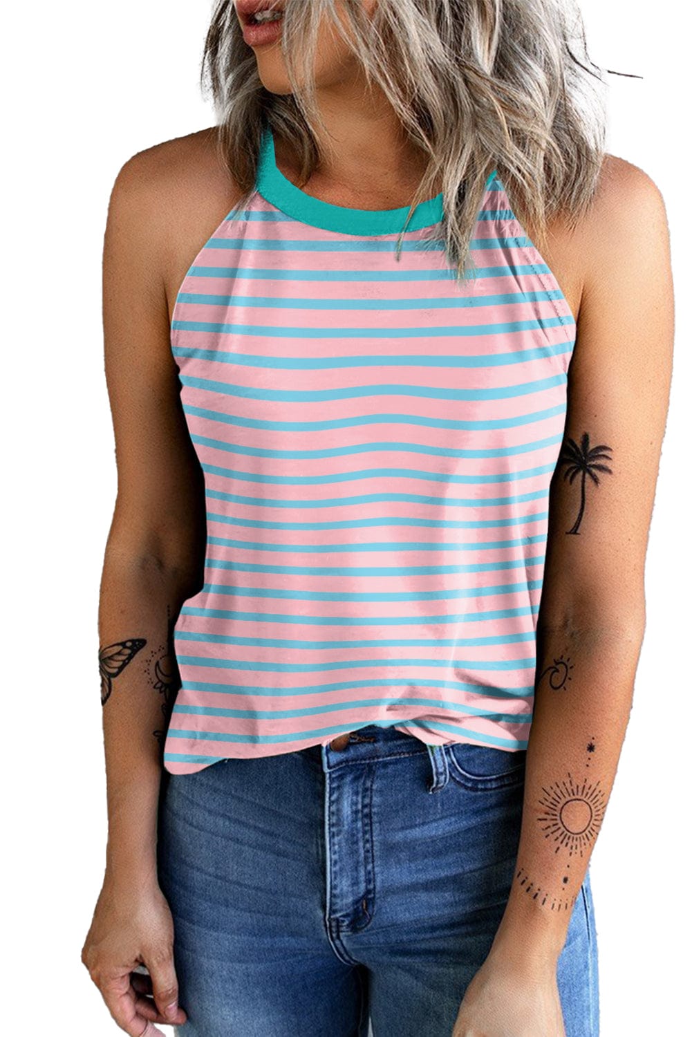 Pink Striped Sleeveless Round Neck Tank Top