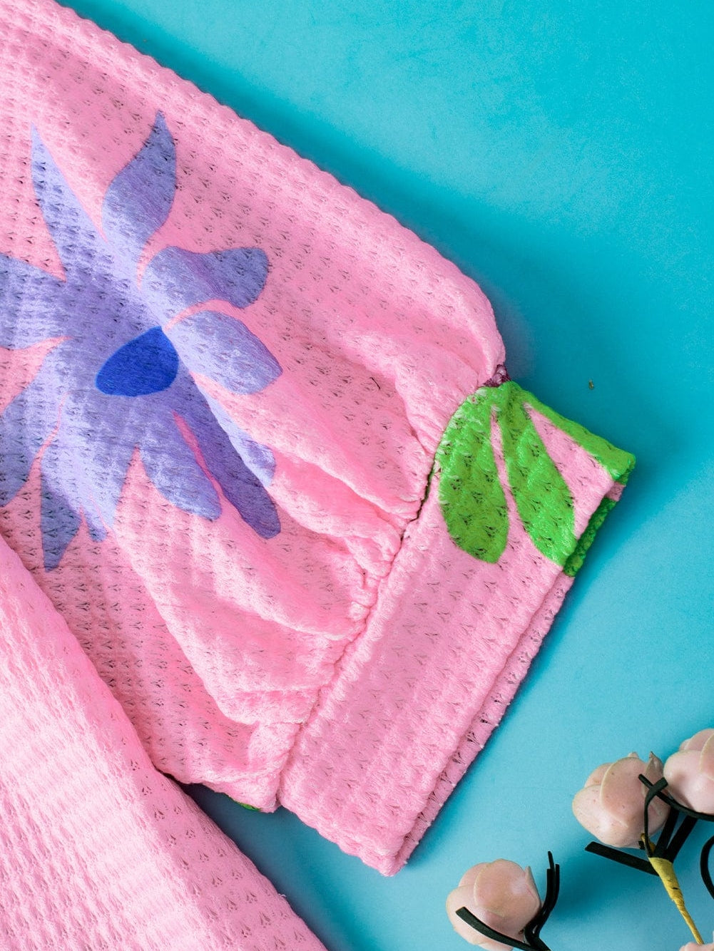 Pink Waffle Knit Floral Print Puff Sleeve T-Shirt with Southern Belle Style