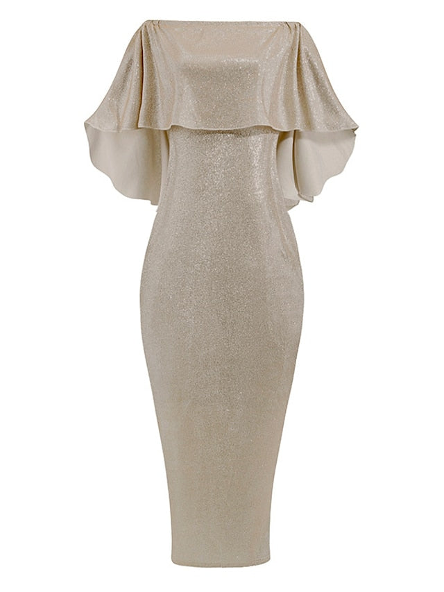 Women's Dress - Formal Party Dress Cocktail Dress Long Dress Maxi Dress Silver Black Champagne Half Sleeve Pure Color Cold Shoulder Winter Fall Spring Off Shoulder Mature Evening Party Wedding
