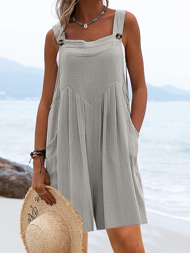 Jumpsuits for Women Summer Overall Pocket Solid Color Square Neck Basic Daily Vacation Regular Fit Sleeveless Black Yellow Pink S M L - LuckyFash™