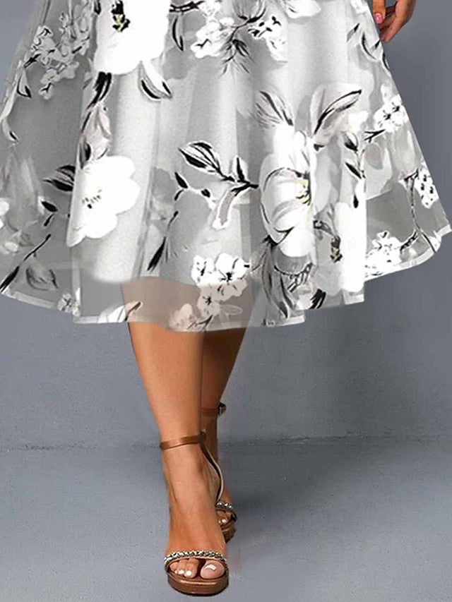 Women's Dress - Plus Size Casual Dress Dress Set Chiffon Dress Floral Midi Dress Half Sleeve Print Crew Neck Fashion Daily Gray Summer Spring L XL XXL 3XL 4XL