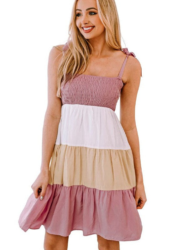 Plaid Contrasting Color Tube Top Dress with High Waist and Pleated Detail