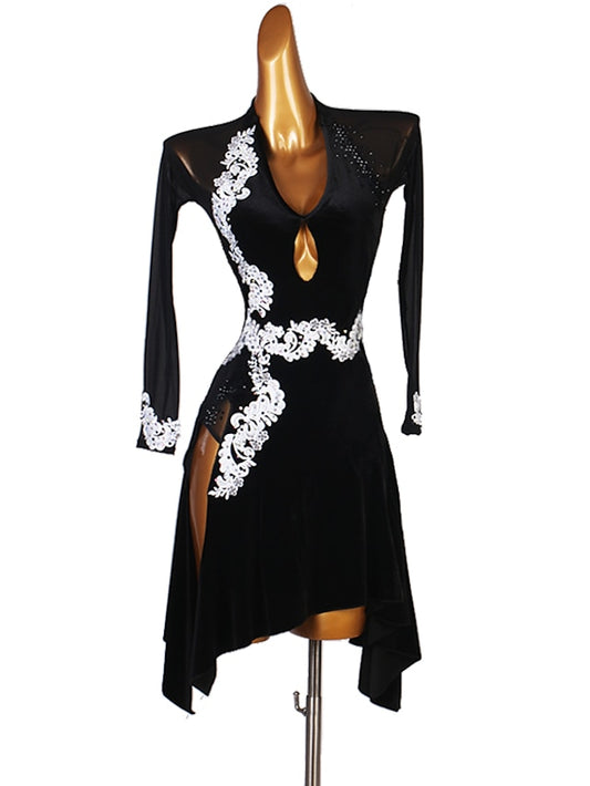 Latin Dance Dress Appliques Crystals / Rhinestones Women's Performance Long Sleeve Spandex - LuckyFash™