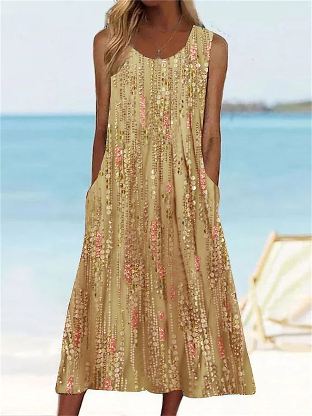 Women's Dress - Casual Dress Tank Dress Summer Dress Graphic Floral Ruched Pocket Crew Neck Midi Dress Fashion Modern Outdoor Daily Sleeveless Regular Fit Light Green Blue Brown Summer Spring S M L XL XXL