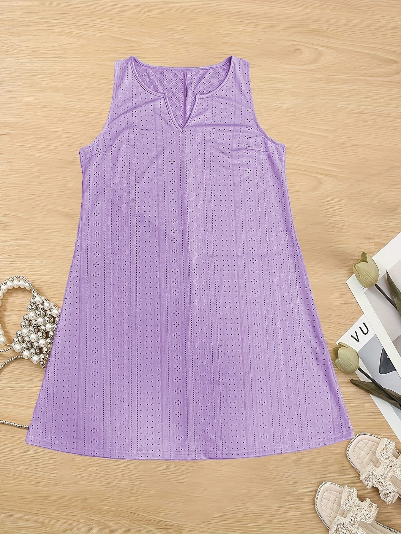 Plus Size Elegant Dress, Women's Plus Solid Eyelet Embroidered Notched Neck Medium Stretch Tank Dress