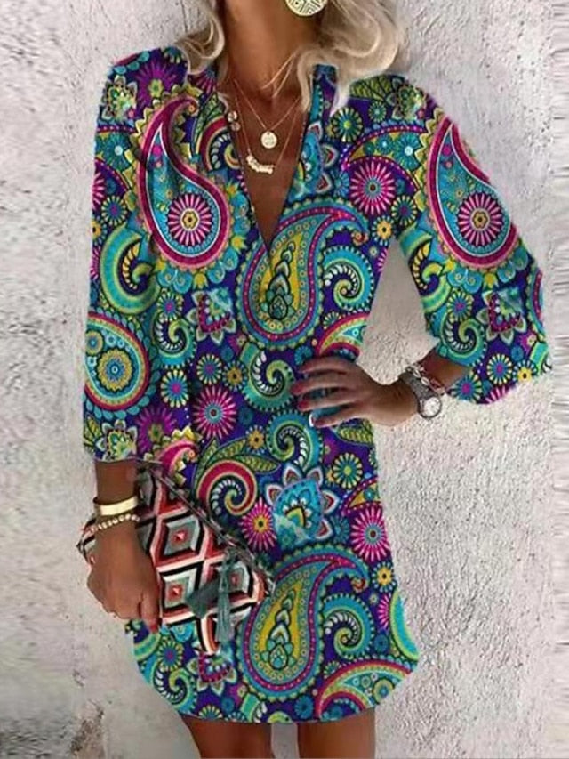 Women's Dress - Casual Dress Ethnic Dress Mini Dress Red 3/4 Length Sleeve Floral Print Summer Spring Fall V Neck Casual Weekend 2023 S M L XL XXL 3XL