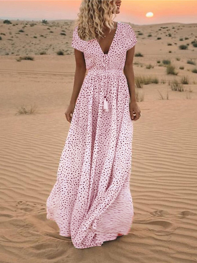 Women's Dress - Casual Dress Swing Dress Boho Dress Long Dress Maxi Dress Light Blue Creamy-white Pink Short Sleeve Polka Dot Print Spring Summer V Neck Slim 2023 S M L XL XXL XXXL