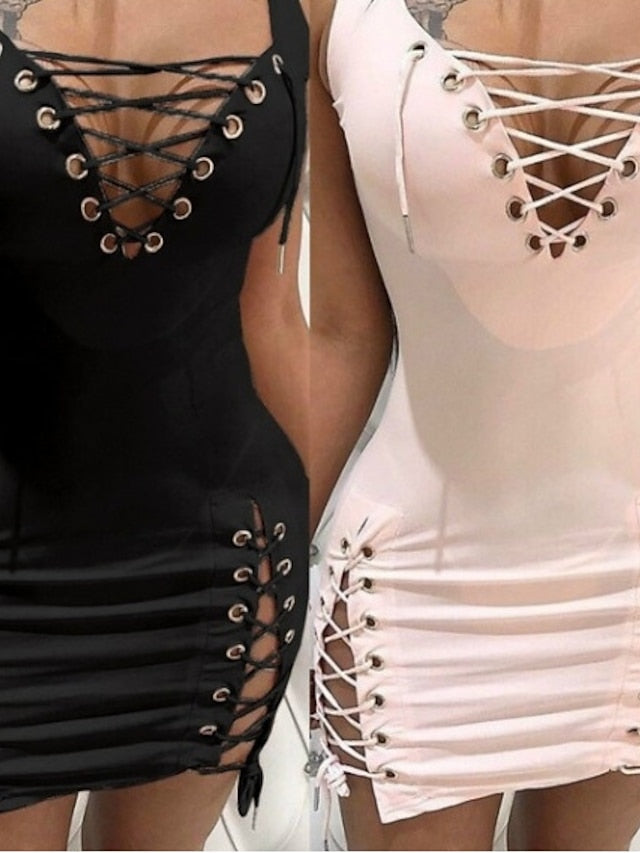 Women's Dress - Sheath Dress Mini Dress Black Pink Grey Sleeveless Pure Color Hollow Out Spring Summer V Neck Hot Spring Dress 2022 S M L XL XXL
