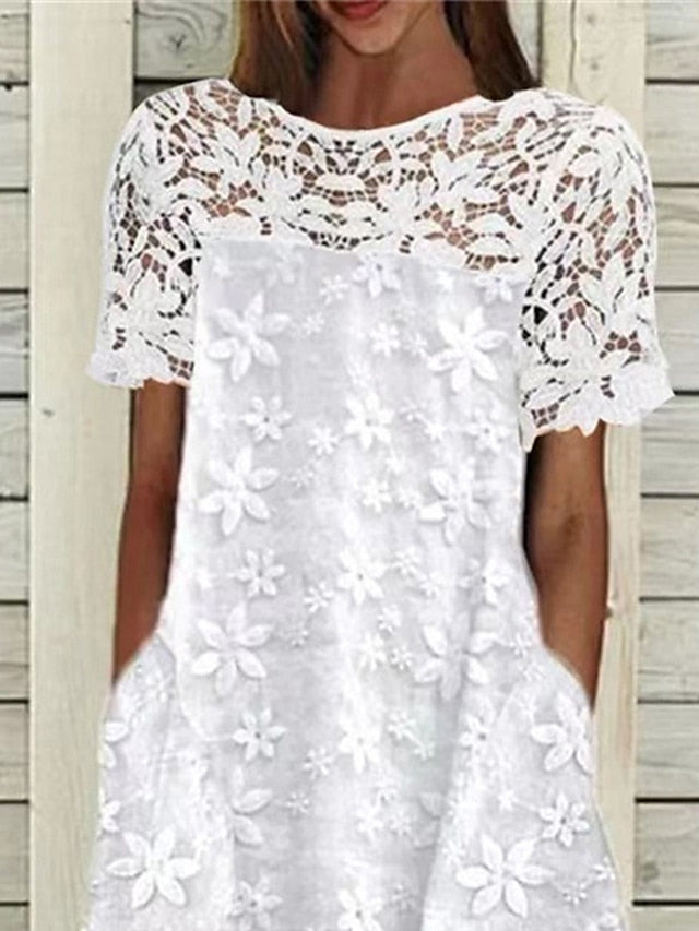 Women's Dress - Casual Dress Lace Dress White Dress Floral Lace Pocket Crew Neck Lace Sleeve Midi Dress Fashion Basic Outdoor Street Short Sleeve Loose Fit White Summer Spring S M L XL XXL