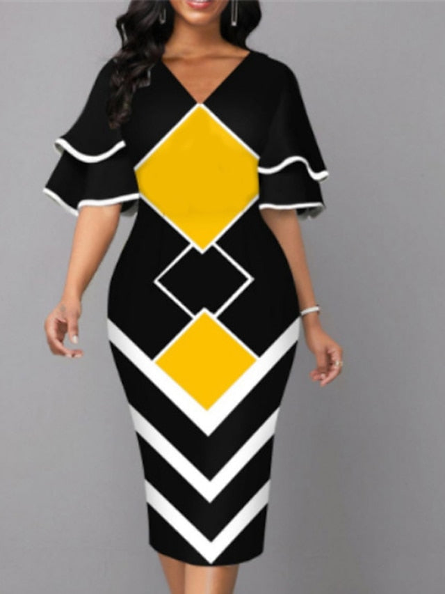 Women's Dress - Bodycon Sheath Dress Modern Dress Midi Dress Yellow Wine Royal Blue Half Sleeve Print Ruffle Summer Spring V Neck Stylish 2023 S M L XL XXL 3XL 4XL 5XL
