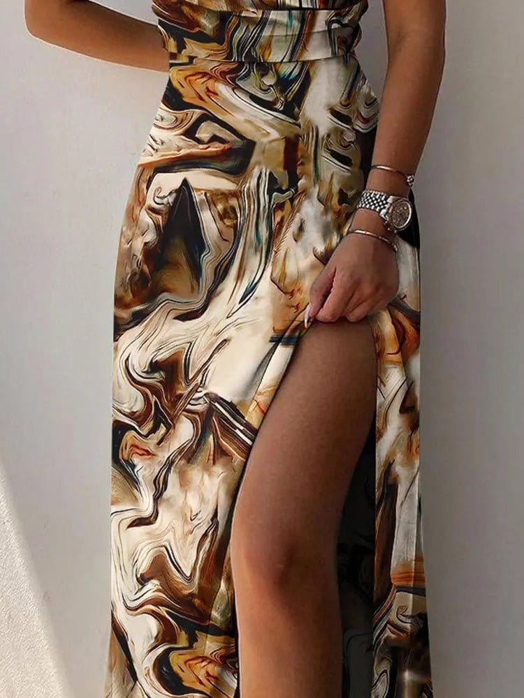 Printed Sling V-Neck Slit Dress