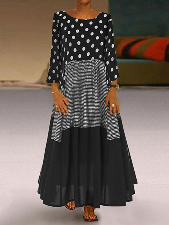 Women's Dress - A Line Dress Maxi long Dress Black Yellow Red Long Sleeve Polka Dot Patchwork Summer Spring Crew Neck Hot Winter Dress Fall Dress Loose Fit 2023 M L XL XXL 3XL 4XL 5XL
