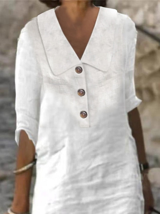 Women's Dress - Cotton Linen Dress Casual Dress Shift Dress Midi Dress Cotton Blend Fashion Modern Outdoor Daily Vacation Shirt Collar Button Half Sleeve Summer Spring 2023 Regular Fit White Blue Green Plain