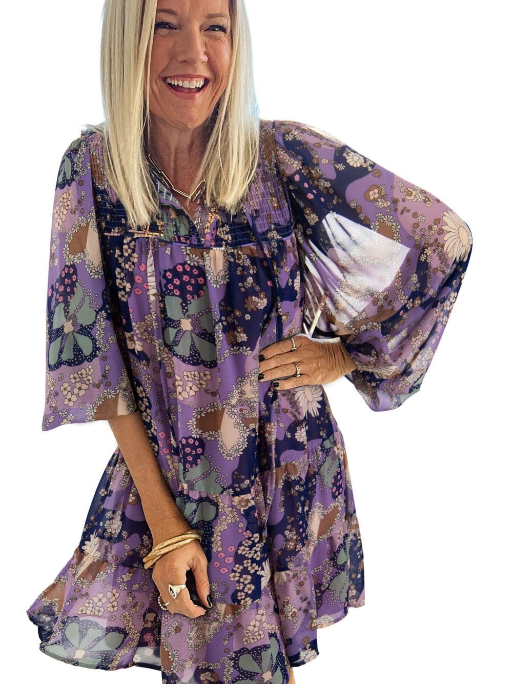 Purple Vintage Daisy Flower Puff Sleeve Ruffle Mini Dress