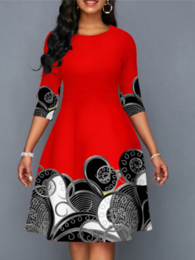 Women's Dress - Casual Dress Church Dress Midi Dress Black Yellow Pink Long Sleeve Print Print Winter Autumn Crew Neck Stylish Winter Dress Fall Dress 2023 S M L XL XXL 3XL 4XL 5XL