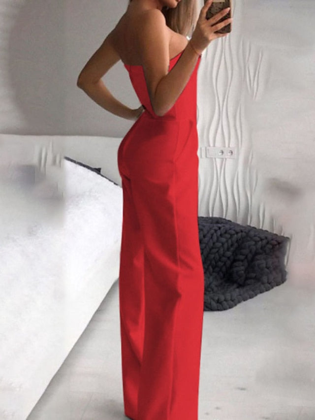 Women's Jumpsuit Clean Fit Wedding High Waist Solid Color Strapless Streetwear Street Going out Regular Fit Sleeveless Red White Summer - LuckyFash™