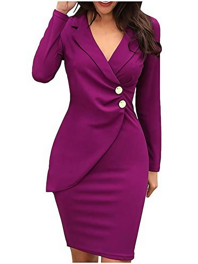Women's Dress - Work Dress Blazer Dress Church Dress Midi Dress Black Wine Blue Long Sleeve Winter Fall Autumn V Neck Party Party Winter Dress Evening Party 2023 S M L XL 2XL 3XL