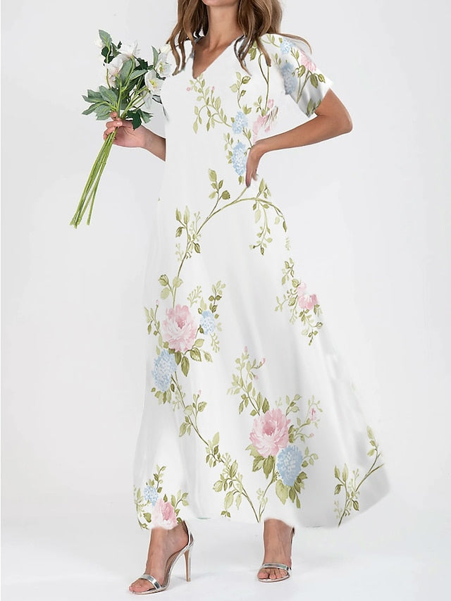 Women's Dress - Long Dress Maxi Dress Casual Dress Print Dress Graphic Marbling Fashion Modern Daily Holiday Vacation Print Short Sleeve V Neck Dress Regular Fit White Yellow Light Green Summer Spring XS S M