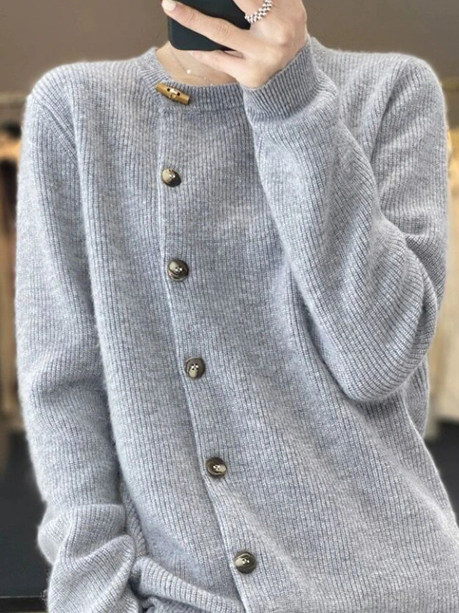 Women's Cardigan Sweater Crew Neck Ribbed Knit Polyester Patchwork Button Fall Winter Regular Daily Going out Weekend Stylish Casual Soft Long Sleeve Solid Color Black Beige Gray S M L