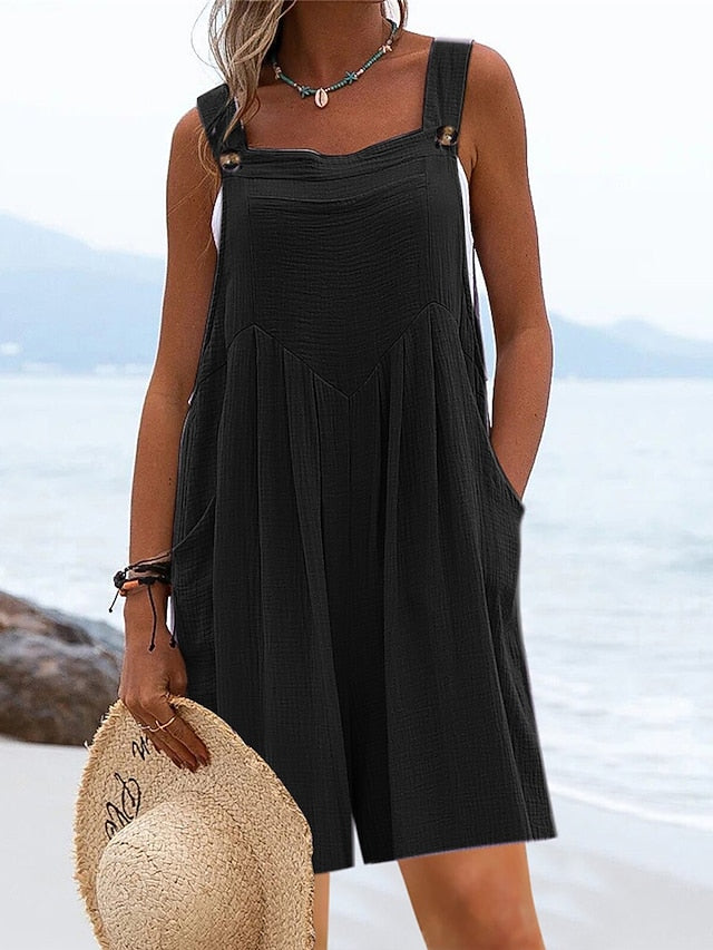 Jumpsuits for Women Summer Overall Pocket Solid Color Square Neck Basic Daily Vacation Regular Fit Sleeveless Black Yellow Pink S M L - LuckyFash™