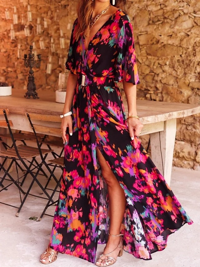 Women's Dress - Long Dress Maxi Dress Casual Dress Floral Dress Boho Dress Floral Casual Outdoor Daily Going out Lace up Split Long Sleeve V Neck Dress Loose Fit Black Red Green Fall Spring S M L XL XXL